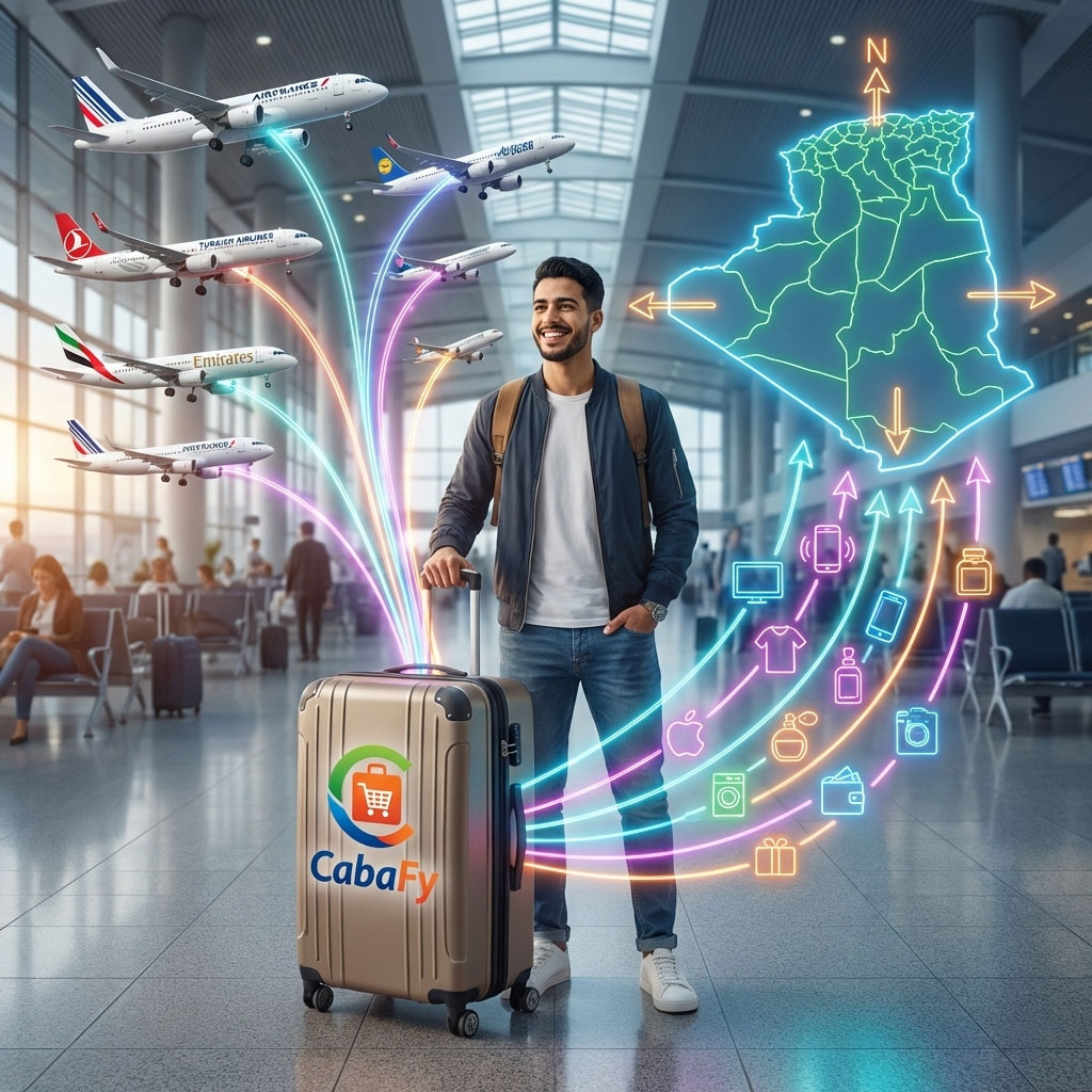 مسافر في المطار يحمل حقائبه لتوصيل الطلبات